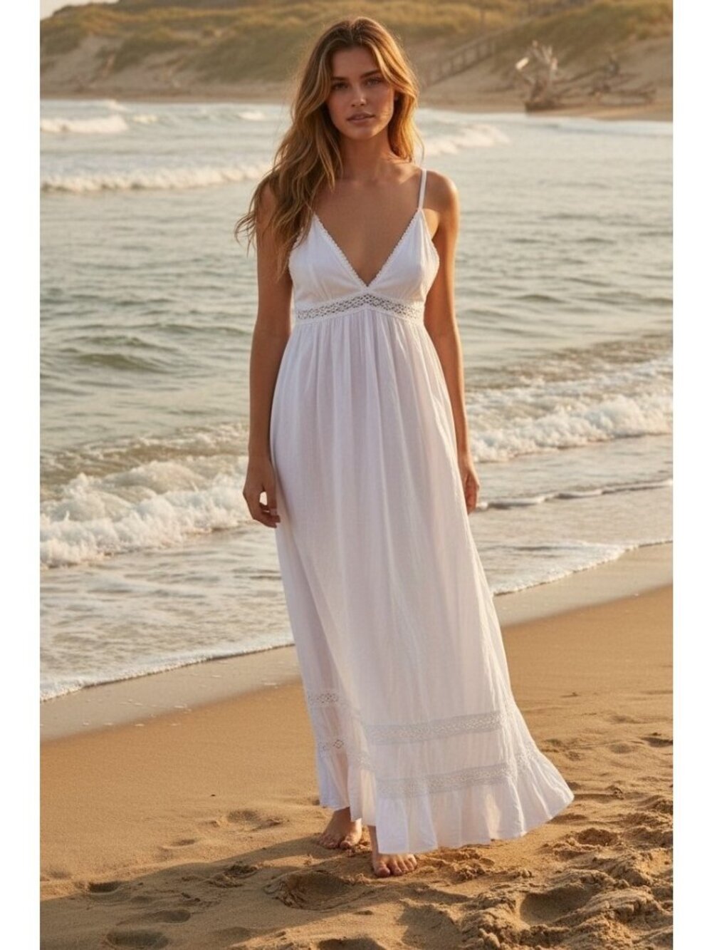Saint Tropez White Cotton Boho Maxi Dress Lace Trim Strappy Lined Size M